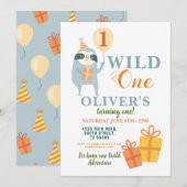 Wild One Sloth Birthday First Party Invitation Kaart (Voorkant / Achterkant)