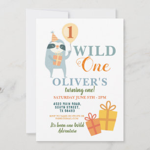 Wild One Sloth Birthday First Party Invitation Kaart