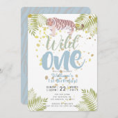 Wild One Tiger Blue Boy 1e verjaardag Uitnodiging (Voorkant / Achterkant)