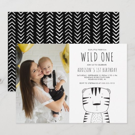 Wild One Tiger Custom Photo First Birthday Kaart (Voorkant / Achterkant)