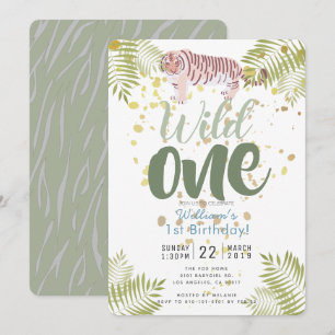 Wild One Tiger Khaki Green 1e verjaardag Uitnodigi Kaart