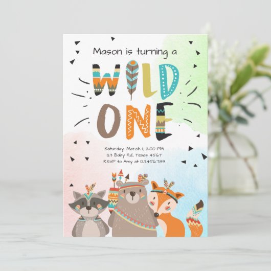 Wild One Tribal Eerste verjaardagsuitnodiging Wood Kaart (Staand voorkant)