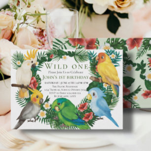 Wild One Tropical Exotic Parrots Boy 1st Birthday Kaart