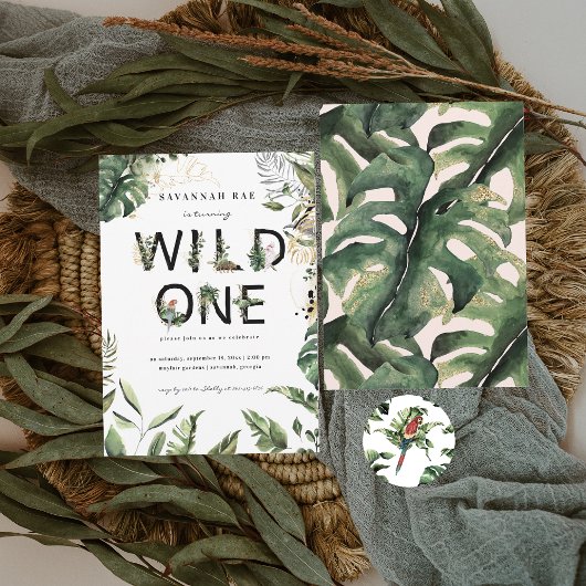 Wild One Tropical Greenery 1st Birthday Kaart