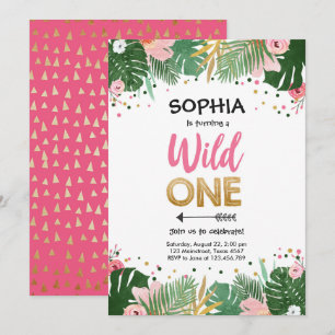 Wild One Tropical Safari Pink Girl Eerste verjaard Kaart