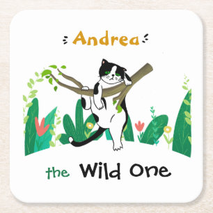 Wild One Tuxedo Kat Kinder 1e verjaardag Uitnodigi Vierkante Kartonnen Onderzetter