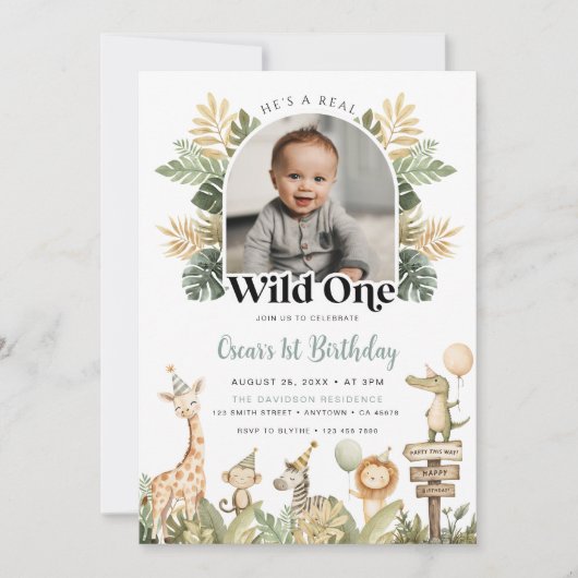 Wild One Verjaardag Uitnodiging Jongen Safari Dier (Voorkant)