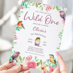 Wild One Waterverf Little Girl Bird 1st Birthday Kaart