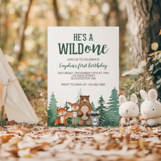Wild One Woodland Animal First Birthday Invitation