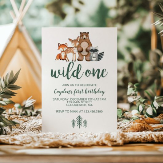 Wild One Woodland Animal First Birthday Invitation
