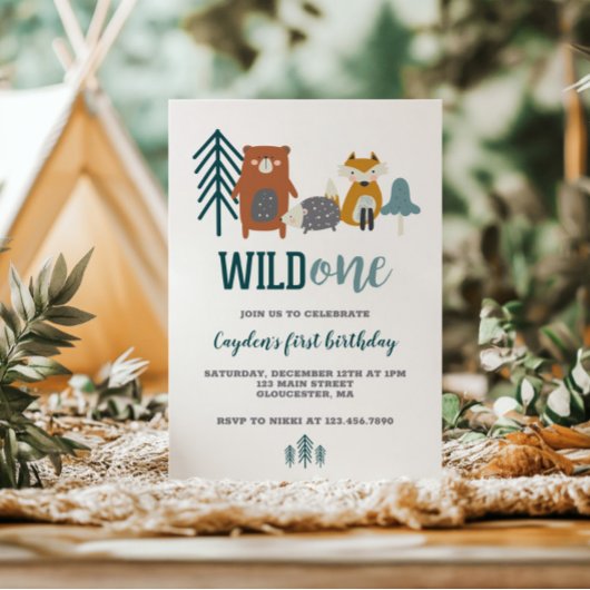 Wild One Woodland Animal First Birthday Invitation