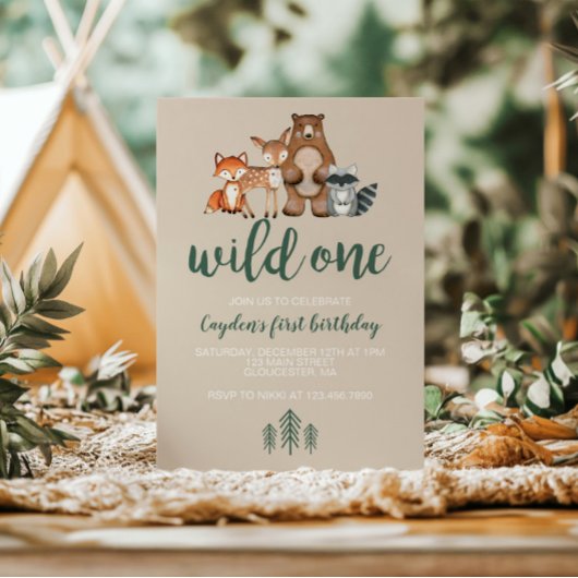 Wild One Woodland Animal First Birthday Invitation