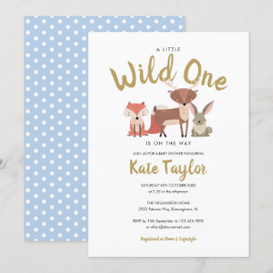 Wild One Woodland Animals Blue Baby shower Kaart