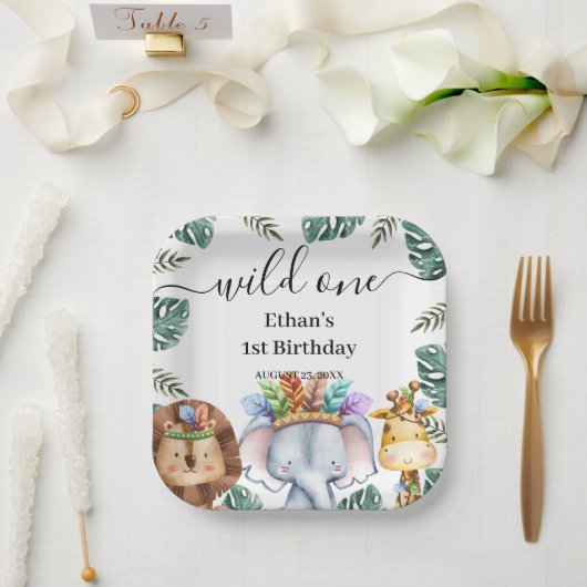 Wild One Woodland Animals Forest 1st Birthday Pape Papieren Bordje (Huwelijk)