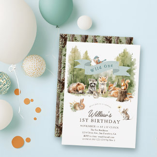 Wild One Woodland Animals Forest Boy 1st Birthday Kaart