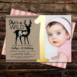 Wild One Woodland Deer Girls 1ste verjaardag Real Folie Uitnodiging
