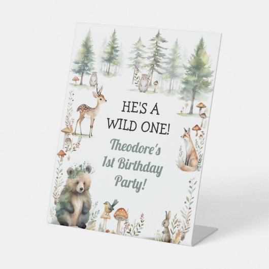 Wild One Woodland Forest Beer Herten 1e verjaardag Reclamebord Met Voetstuk (Voorkant)