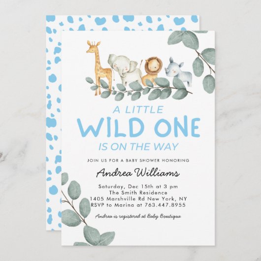 Wild One Zoo Animaux Garçon Baby shower Invitation (Devant / Derrière)