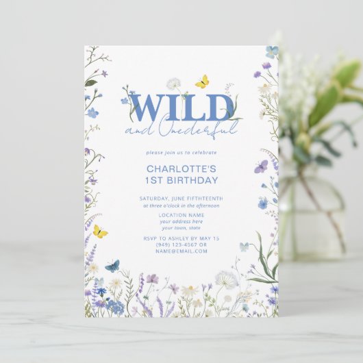 Wild & Onederful 1e Verjaardag Blauwe Wildbloem Kaart (Staand voorkant)