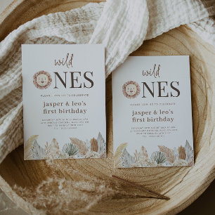 Wild Ones Twins Neutral Leaves Birthday Uitnodigin Kaart
