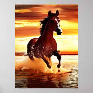 Wild paard dat door de branding galoppeert poster