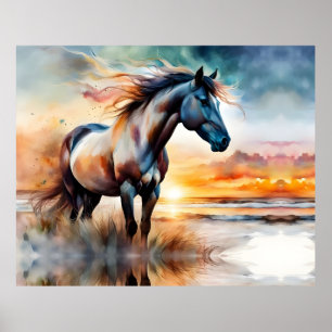 Wild Paard op grasduin bij zonsondergang Poster