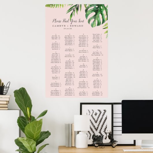Wild Palm Blush Alfabetical Seating Chart Poster (Thuiskantoor)