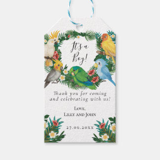 Wild Parrots Tropical Exotic Greenery Baby shower Cadeaulabel