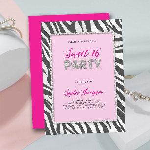 Wild Party Zebra Print Strass Lijst Sweet 16 Kaart
