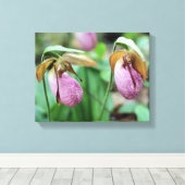 Wild Pink Lady Slipper Orchid Pair Canvas Afdruk (Insitu (Houten vloer))