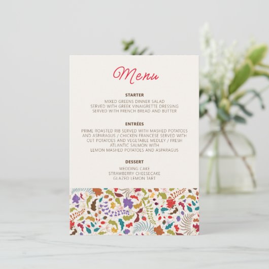 Wild Roos Bossen Exotische bloementuin Bruiloft Menu (Staand voorkant)