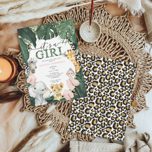 Wild Safari Animals Girl Baby shower Invitation Kaart