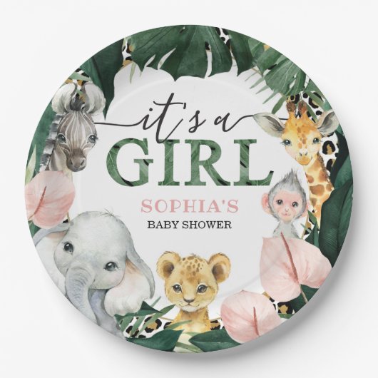 Wild Safari Het is een Girl Baby shower Paper Bord (Voorkant)