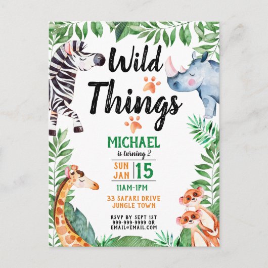 Wild Things Safari Animal Kids Uitnodiging voor ve (Voorkant)
