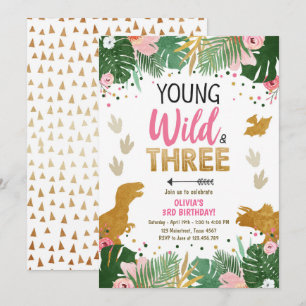 Wild Three Dino Party Girl Pink Dinosaur Birthday Kaart