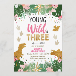 Wild Three Dino Party Girl Pink Dinosaurus Verjaar Kaart