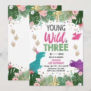 Wild Three Dino Party Girl Pink Dinosaurus Verjaar Kaart