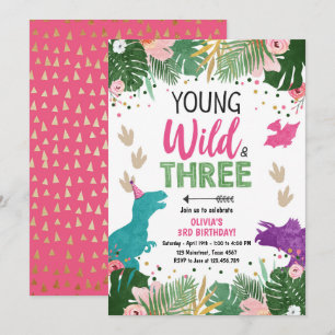 Wild Three Dino Party Girl Pink Dinosaurus Verjaar Kaart
