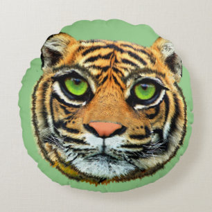 Wild Tiger Face on Green Round Pillow Rond Kussen