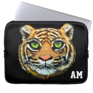 Wild Tiger Face op Black Monogrammed Laptop Sleeve