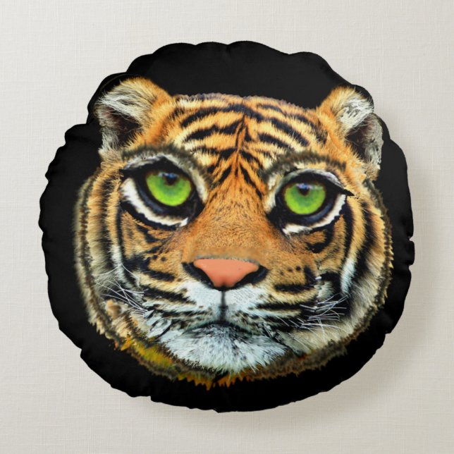 Wild Tiger Face op Black Round Pillow Rond Kussen (Voorkant)