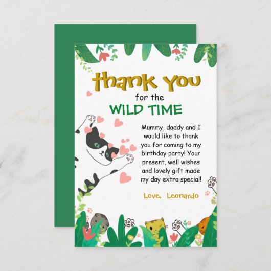 Wild Time Cute Kitty Cat Greenery Hartelijk dank Bedankkaart (Voorkant / Achterkant)