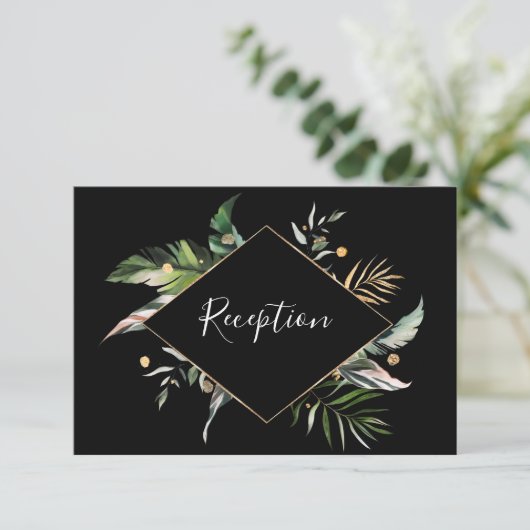 Wild Tropical Foliage Weddenschap Reception Black Informatiekaartje (Staand voorkant)