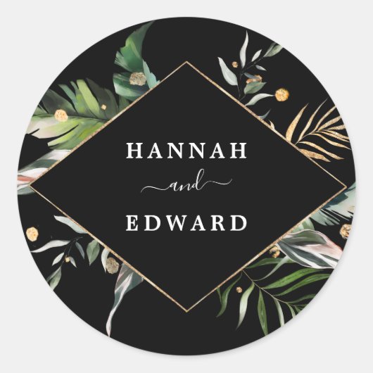 Wild Tropical Foliage Wedding Black Ronde Sticker (Voorkant)