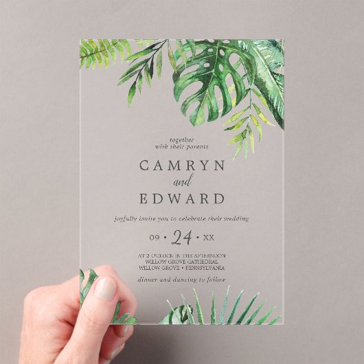 Wild Tropical Palm Boho Beach Destination Wedding Acryl Uitnodigingen (Insitu (Draagbaar))