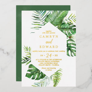 Wild Tropical Palm Gold Foil Hexagon Wedding Folie Uitnodiging