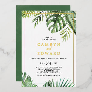 Wild Tropical Palm Gold Foil Lijst Casual Weddensc Folie Uitnodiging