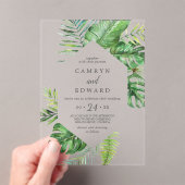 Wild Tropical Palm Leaf Destination Beach Wedding Acryl Uitnodigingen (Insitu (Draagbaar))