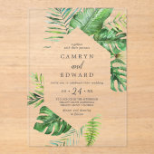 Wild Tropical Palm Leaf Destination Beach Wedding Acryl Uitnodigingen (Voorkant)