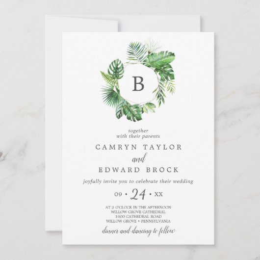 Wild Tropical Palm Monogrammed Wedding Kaart (Voorkant)